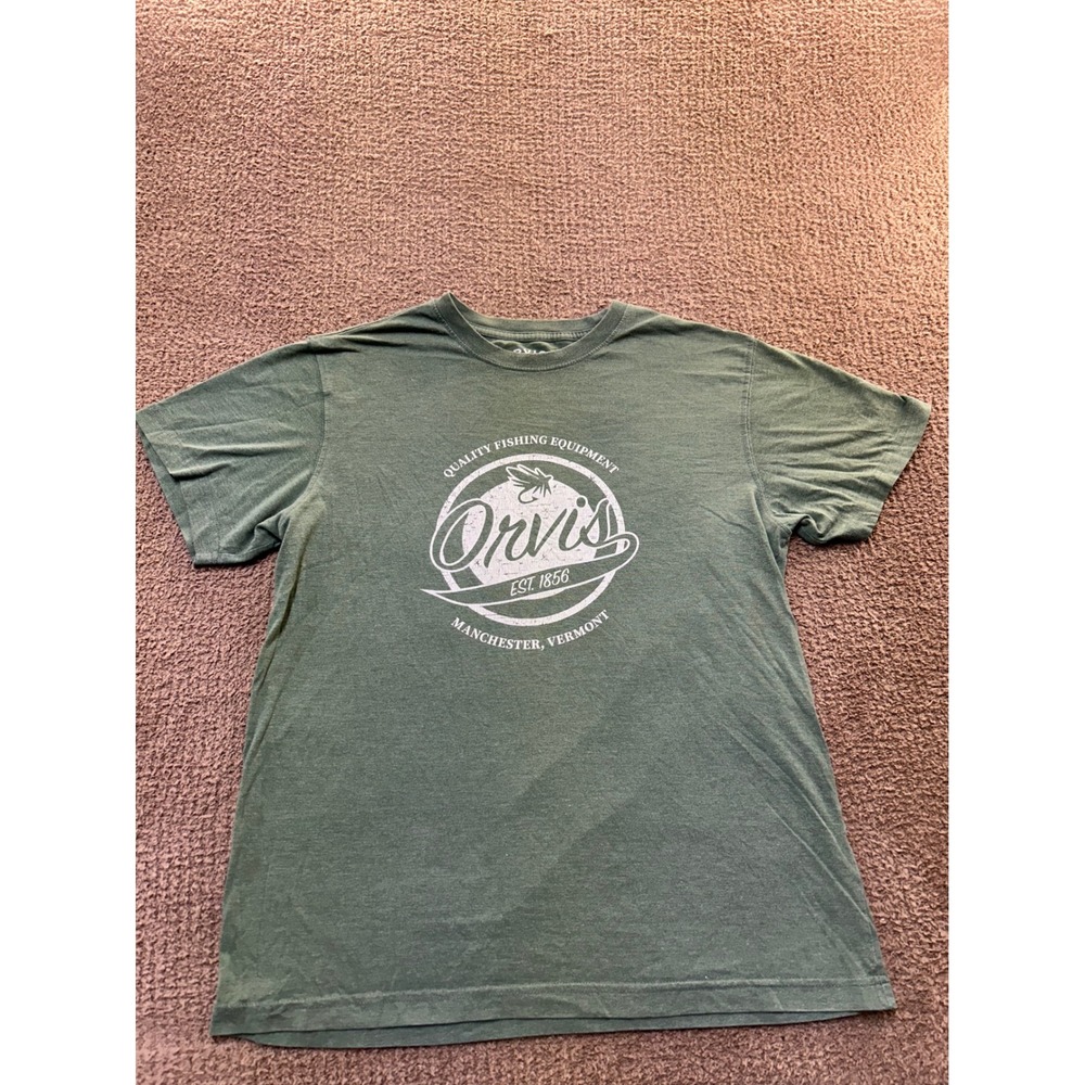 Orvis Mens Medium Green Graphic T-Shirt Fishing Equipment Manchester Vermont Tee